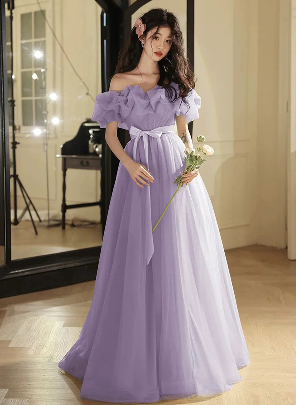 Lavender Tulle Off Shoulder A-line Long Prom Dress, Lavender Evening D Cutedressy Lavender Tulle Off Shoulder A-line Long Prom Dress, Lavender Evening D Cutedressy