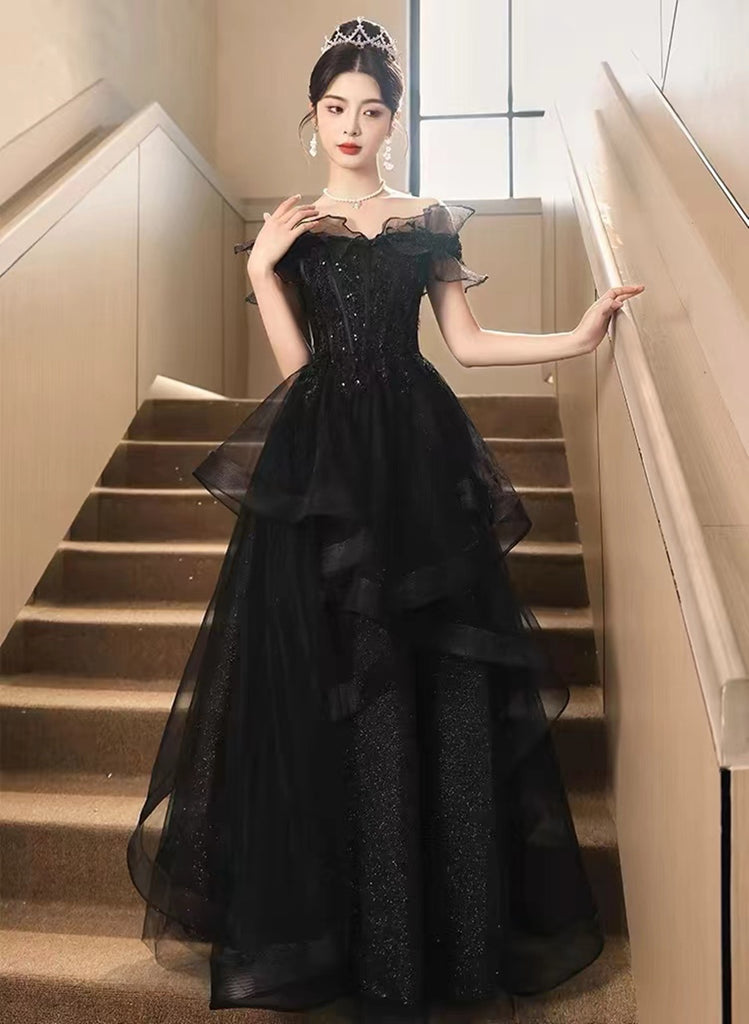 Black Off Shoulder Tulle with Lace Long Formal Dress, Black A-line Pro