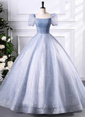 Chic Ball Gown Tulle Short Sleeves Sweet 16 Dress, Tulle Prom Dress Formal Dress 