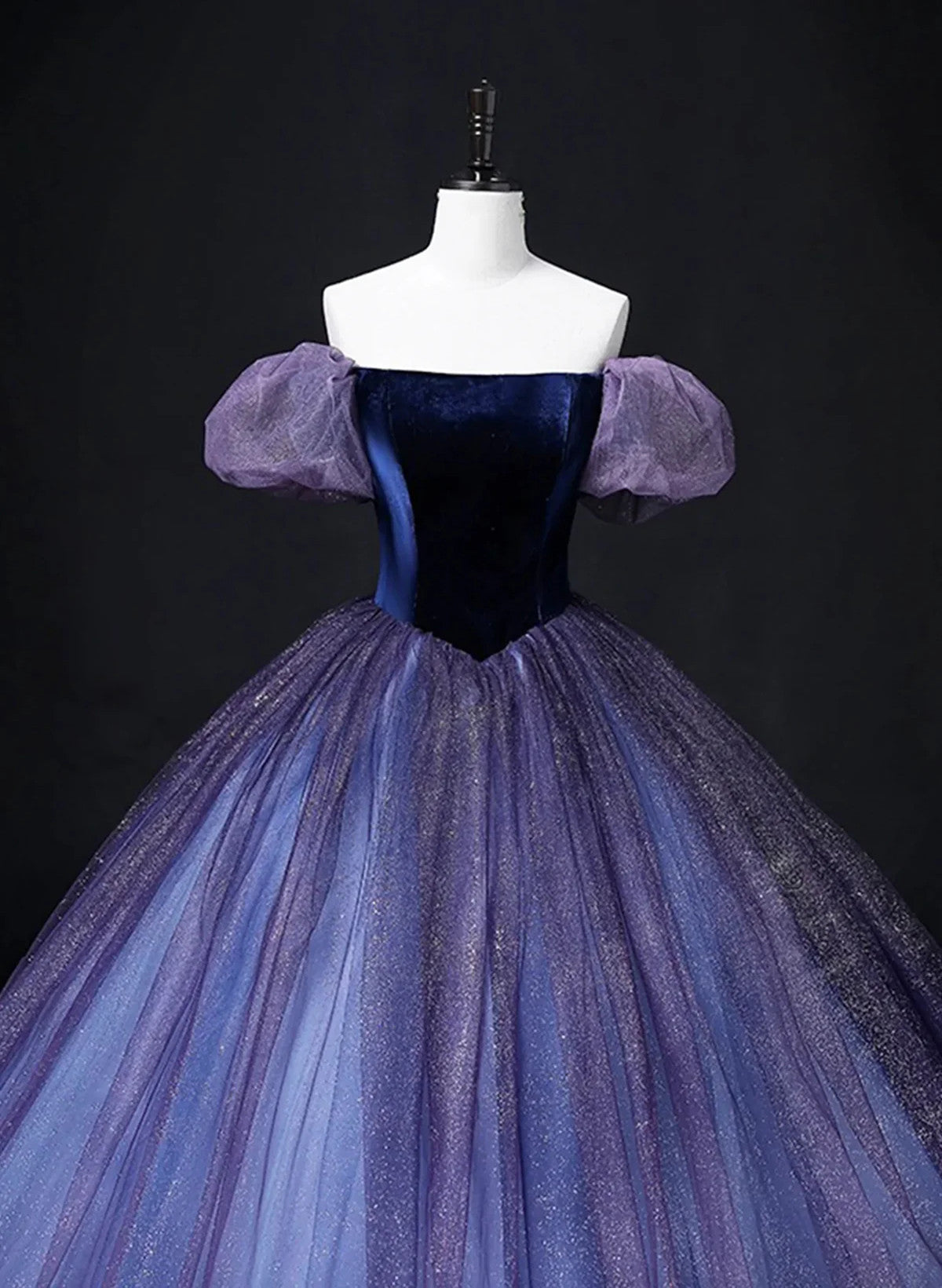 Off Shoulder Purple Tulle and Velvet Long Party Dress, Purple Prom Dresses