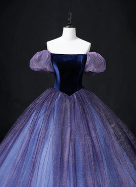 Off Shoulder Purple Tulle and Velvet Long Party Dress, Purple Prom Dresses
