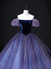 Off Shoulder Purple Tulle and Velvet Long Party Dress, Purple Prom Dresses