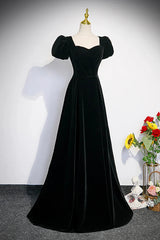 Black Short Sleeves A-line Velvet Prom Dress, Black Evening Dress Formal Dresses