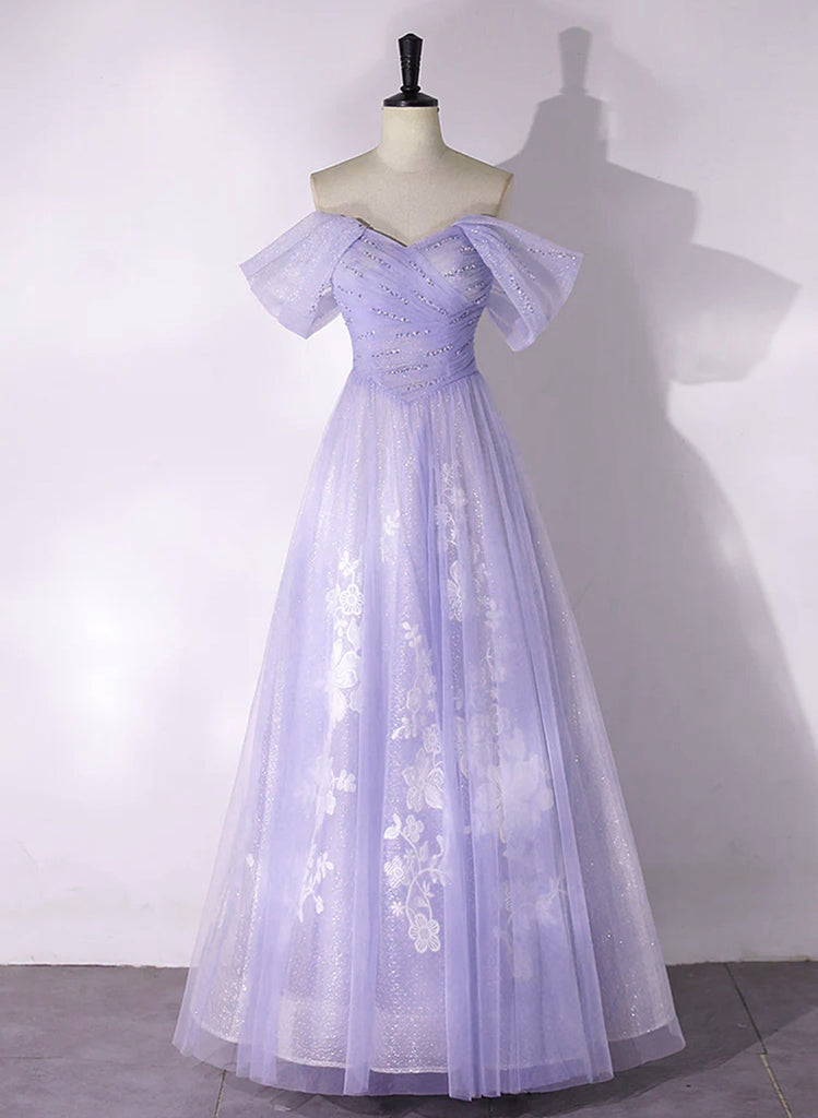 A Line Purple Tulle Off The Shoulder Short Cocktail Dress