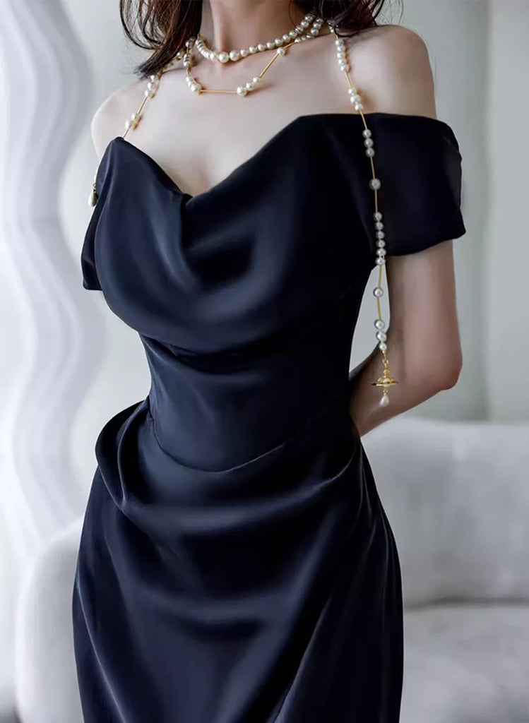 Elegant Black Off Shoulder Long Formal Gown, Black Satin Prom Dress Pa