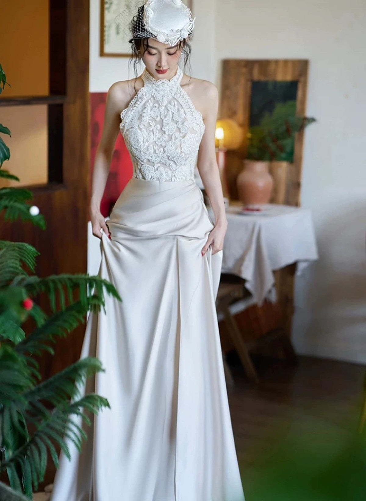 Elegant Lace and Satin Halter Long Wedding Party Dress, Long Formal Gowns Elegant Lace and Satin Halter Long Wedding Party Dress, Long Formal Gowns