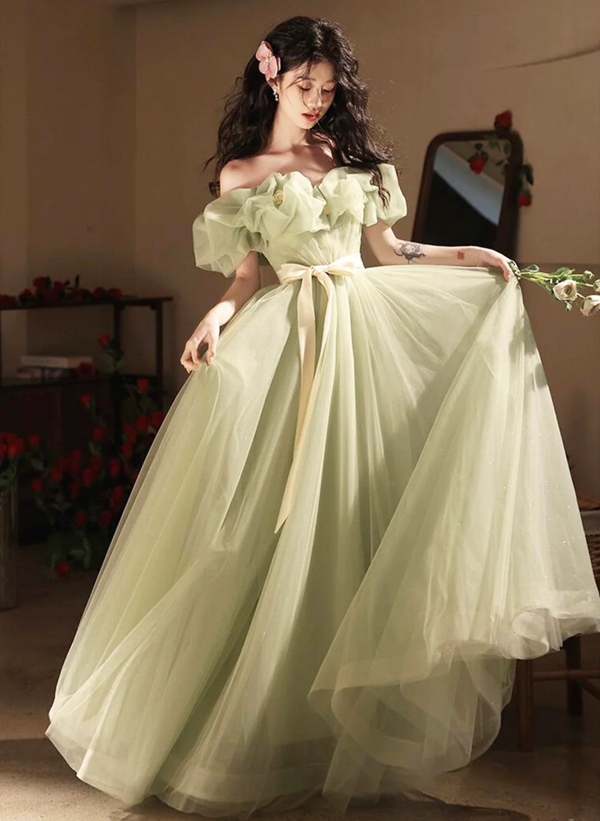Green Off Shoulder Tulle A-line Floor Length Party Dress, Green Tulle Cutedressy Green Off Shoulder Tulle A-line Floor Length Party Dress, Green Tulle Cutedressy