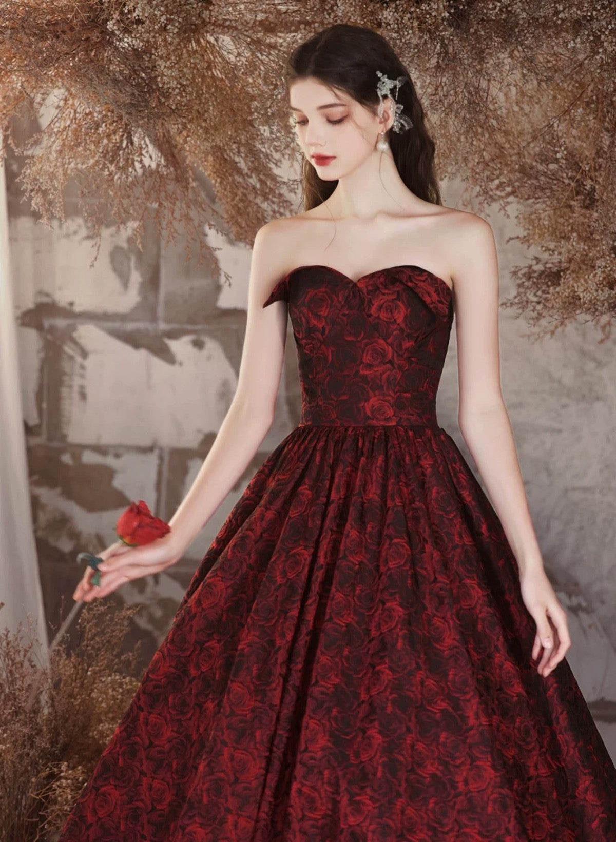 beautiful black and red wedding dresses Amber Gothic Black and Dark Red Lace Wedding Dress: Mermaid Trumpet Gown
