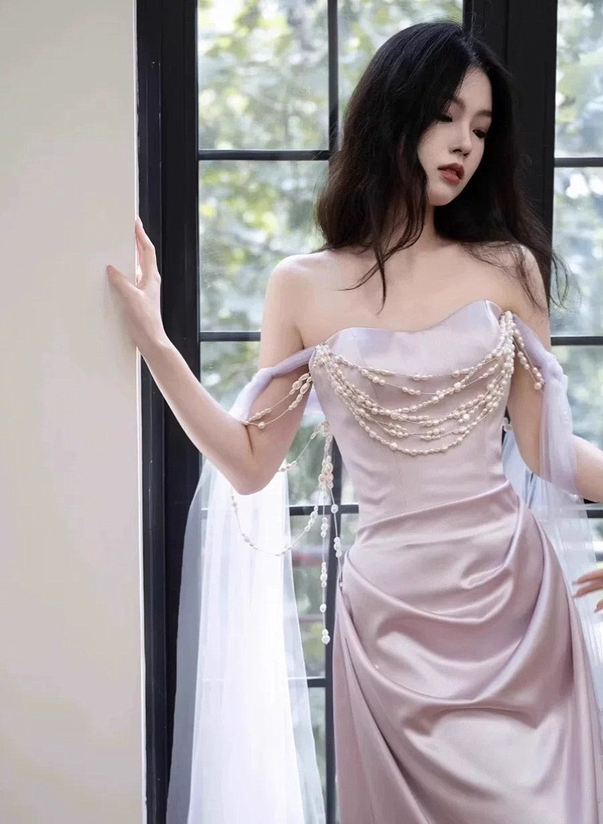 light purple satin maxi dress light purple long dress Light Purple Formal Satin Long Prom Dresses With Sleeves, MR7012-parroquiadesanalbertomagno.com