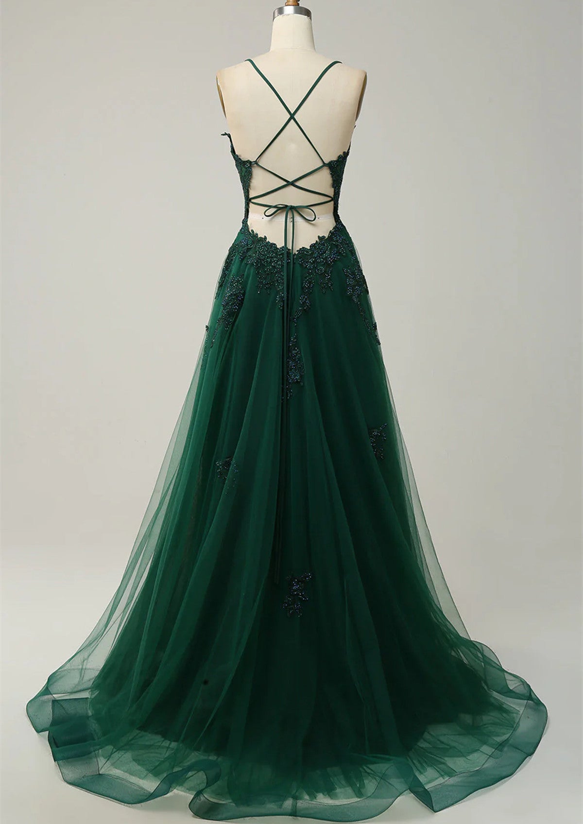 Green V-neckline Tulle with Lace Cross Back, Green Tulle Prom Dress Cutedressy Green V-neckline Tulle with Lace Cross Back, Green Tulle Prom Dress Cutedressy