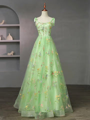 Light Green Tulle Floral Straps Long Formal Dress, Light Green Prom Dress