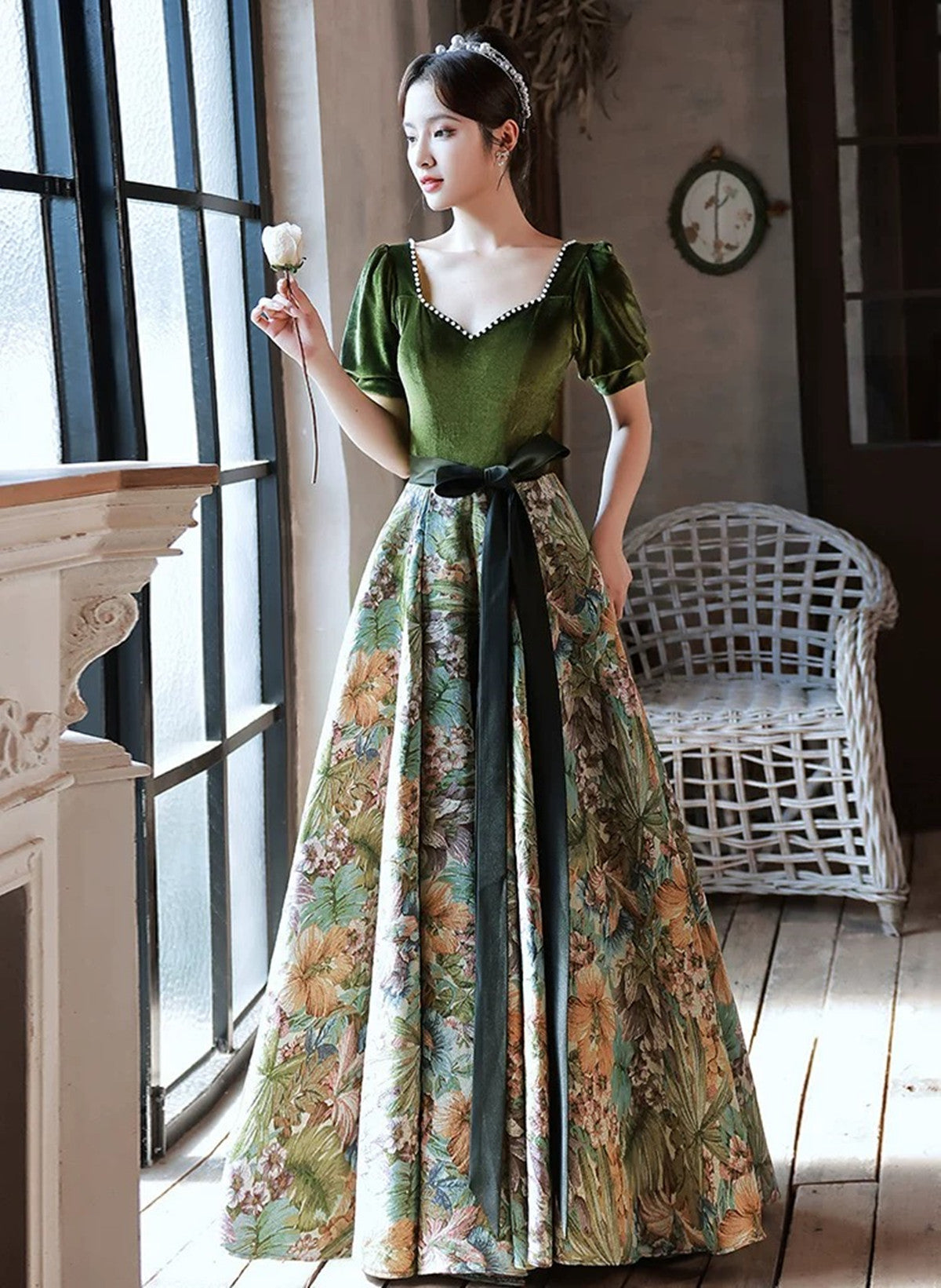 Green Velvet Floral Short Sleeves Long Prom Dress, Green Sweetheart Party Dress Green Velvet Floral Short Sleeves Long Prom Dress, Green Sweetheart Party Dress