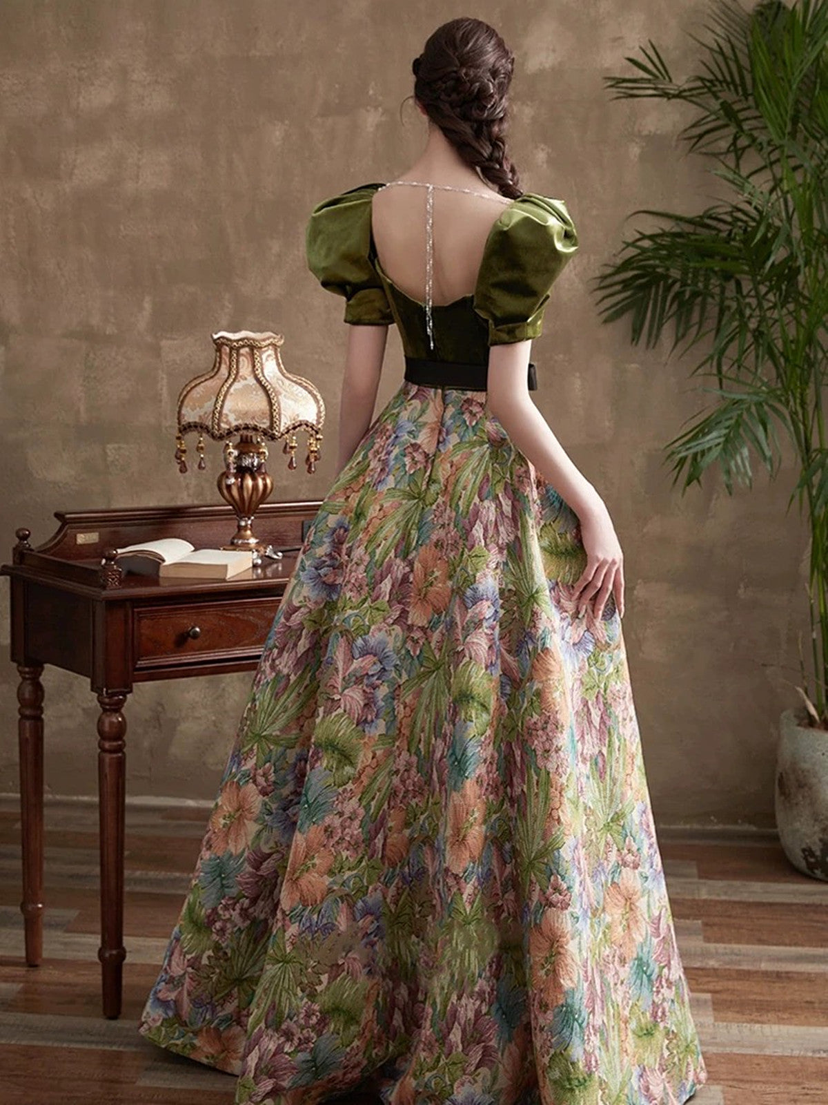 green velvet floral dress Green Floral Velvet Off The Shoulder A Line Prom Dress