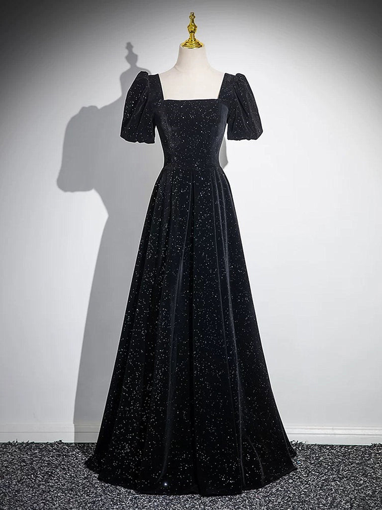 Black A-line Short Sleeves Velvet Simple Party Dress, Black Evening Dr