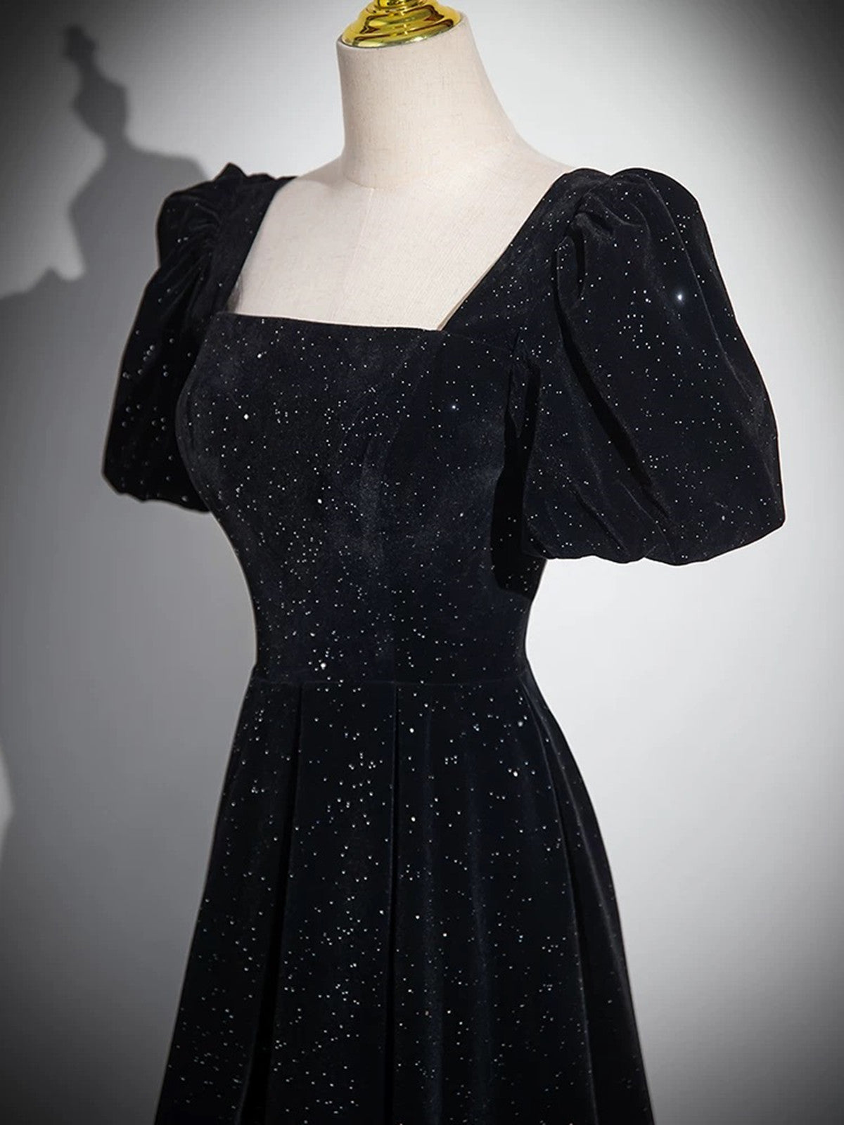 Black A-line Short Sleeves Velvet Simple Party Dress, Black Evening Dress Prom Dress
