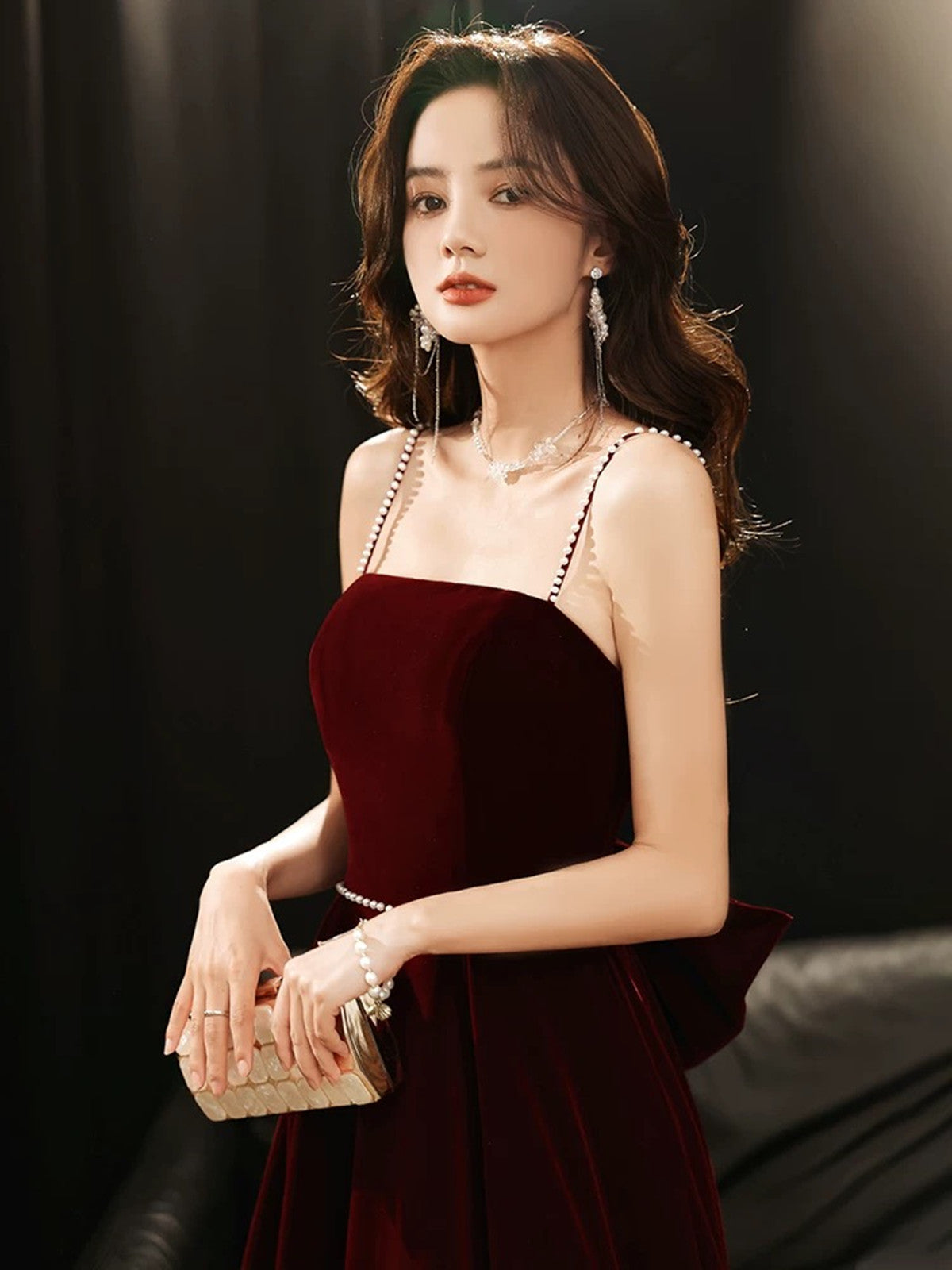 A-line Wine Red Velvet Straps Long Party Dress, Wine Red Velvet Prom Dress