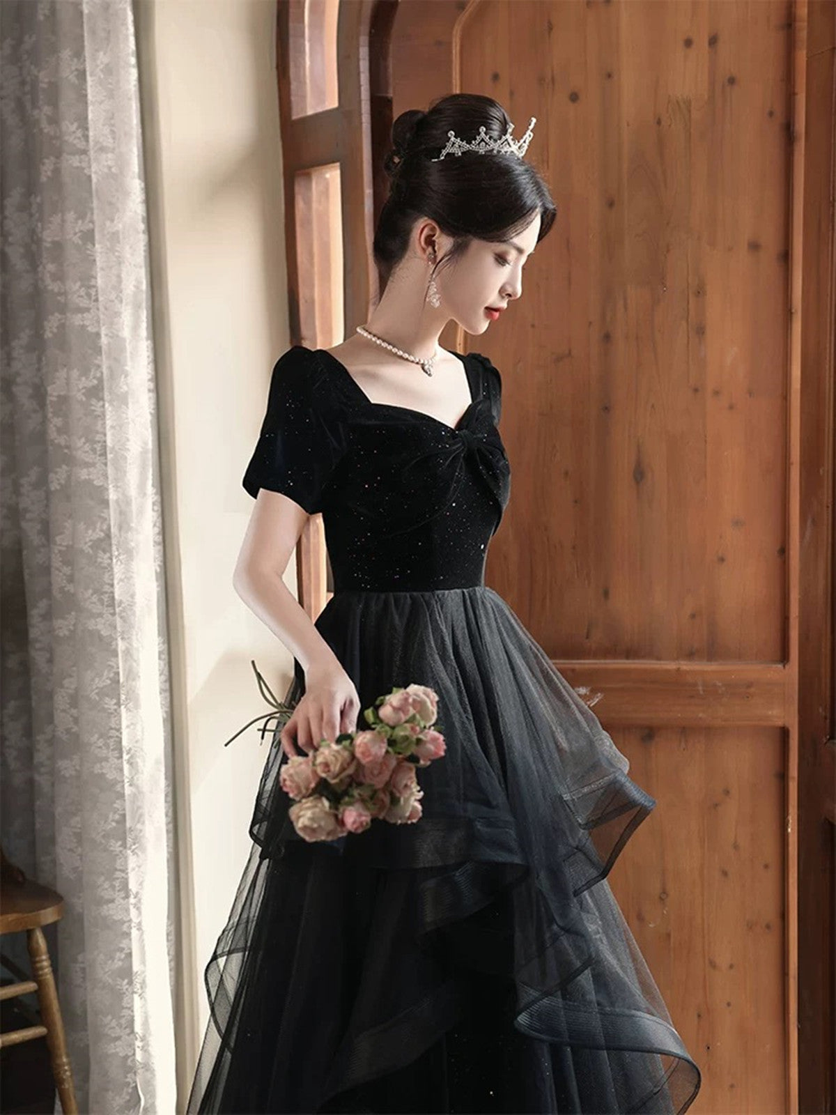 A-line Black Layers Short Sleeves Prom Dress, Black Velvet and Tulle Party Dress