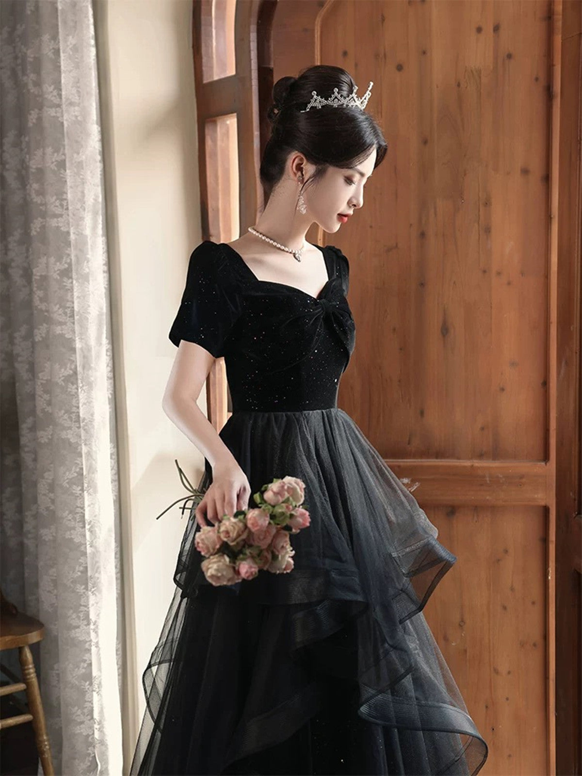 A-line Black Layers Short Sleeves Prom Dress, Black Velvet and Tulle P Cutedressy A-line Black Layers Short Sleeves Prom Dress, Black Velvet and Tulle P Cutedressy