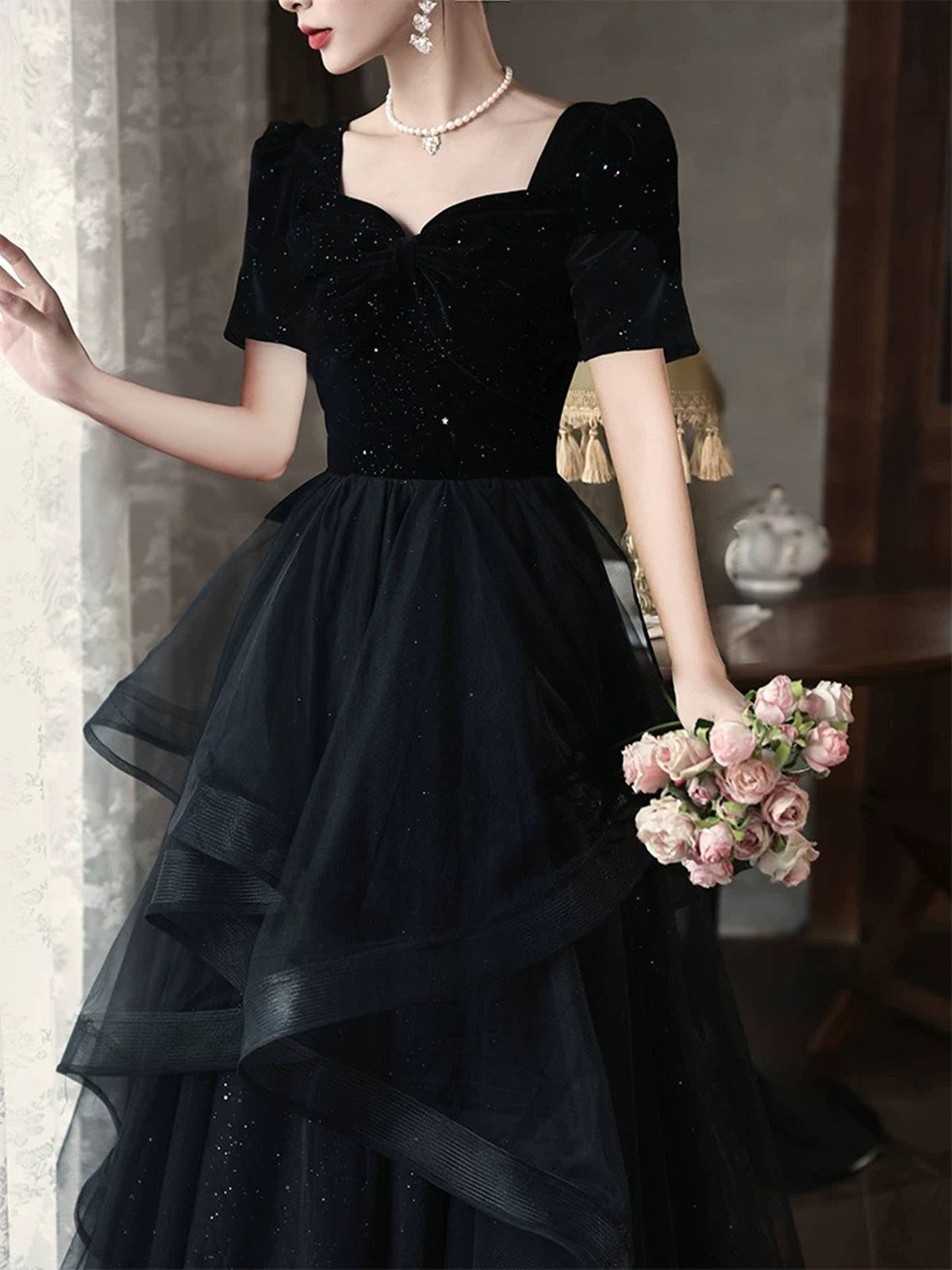 black dress with layers A-line Black Layers Short Sleeves Prom Dress, Black Velvet and Tulle P – Cutedressy