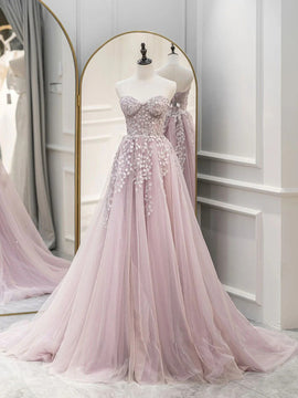 Pink Tulle with Lace Applique Long Party Dress, Pink Sweetheart Prom Dress