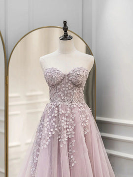 Pink Tulle with Lace Applique Long Party Dress, Pink Sweetheart Prom Dress