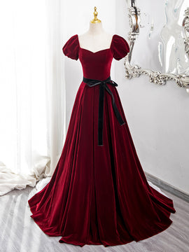 Wine Red Velvet Short Sleeves A-line Prom Dress, Wine Red Long Party Dress