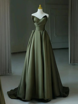 Green Satin A-line V-neckline Long Formal Dress, Green Satin Prom Dress
