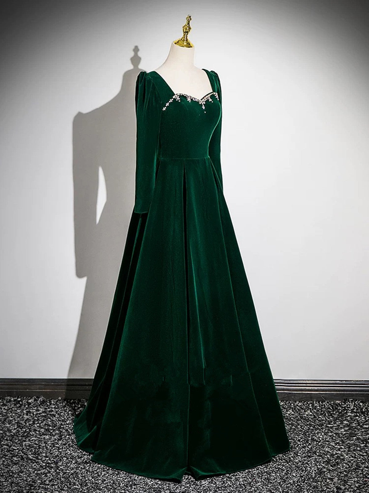 Simple Long Sleeves A-line Green Beaded Prom Dress, Green Velvet Party Dress