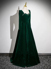 Simple Long Sleeves A-line Green Beaded Prom Dress, Green Velvet Party Dress