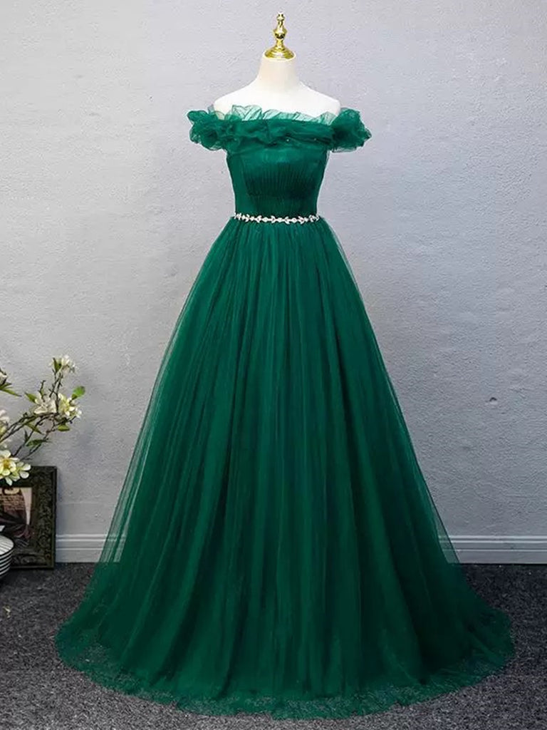 Off-the-shoulder Ruched Tulle A-line Dress Lime Green