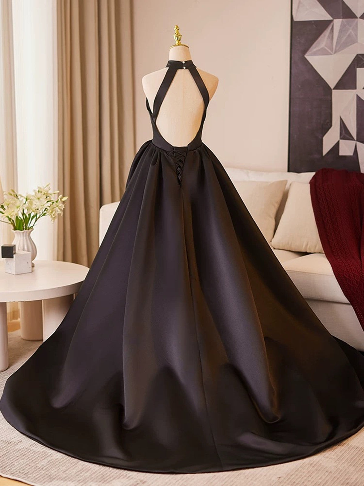 Black Halter Satin A-line Simple Style Prom Dress, Black Satin Party Dress Black Halter Satin A-line Simple Style Prom Dress, Black Satin Party Dress