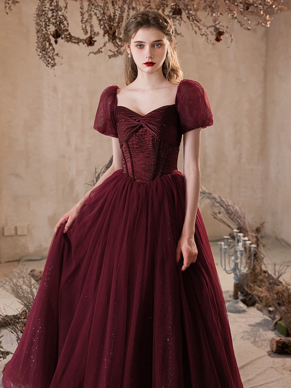 Maroon Shiny Tulle Short Sleeves Sweetheart Party Dress, Maroon Prom D Cutedressy Maroon Shiny Tulle Short Sleeves Sweetheart Party Dress, Maroon Prom D Cutedressy