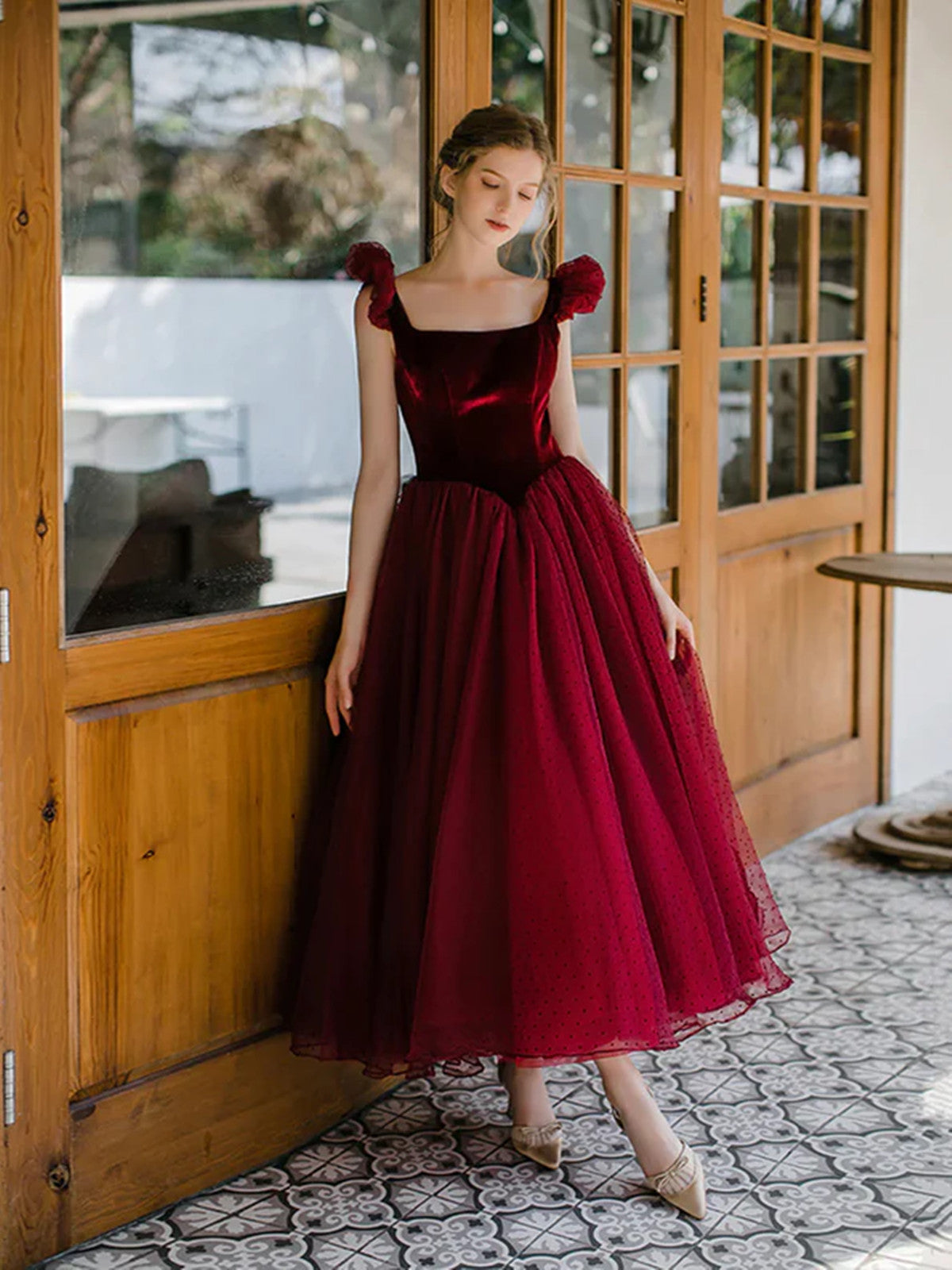 red winery dress Wine Red Velvet and Tulle Low Back Party Dress, Wine Red Tea Length Pr – Cutedressy