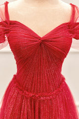 Red A-line Tulle Layers Off Shoulder Prom Dress, Red Shiny Tulle Party Dress