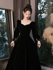 Black Velvet Long Sleeves A-line Long Formal Dress, Black Bridesmaid Dress