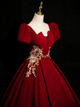 Wine Red Satin Short Sleeves Prom Dress, Wine Red Satin Party Dress 