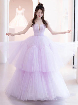 Light Purple Tulle Layers Scoop Long Party Dress, Light Purple Prom Dress
