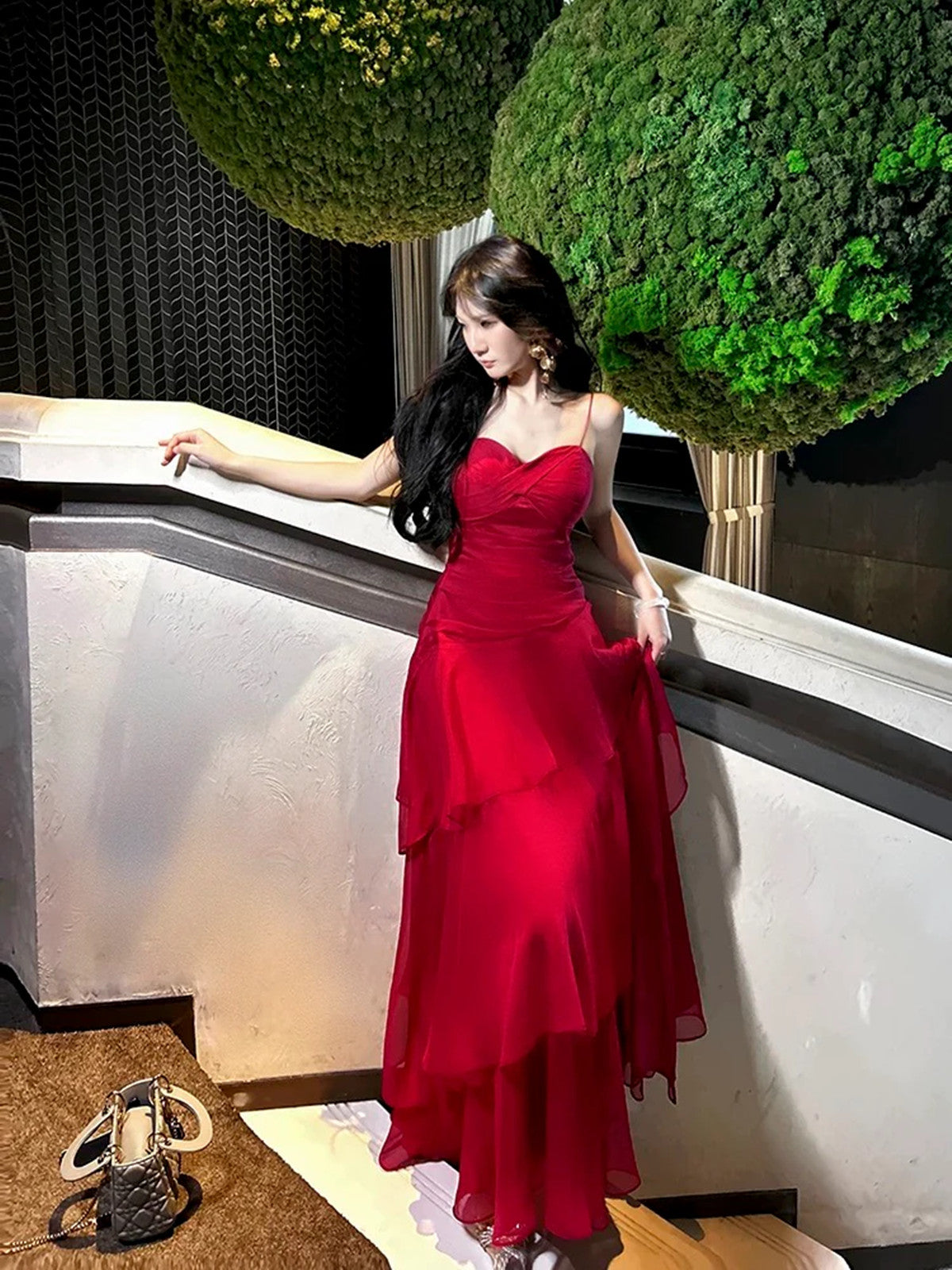 red layered prom dress Red Spaghetti Straps Appliqued Bodice Party Dress Multi-Layered A Line Prom Dress ARD2542
