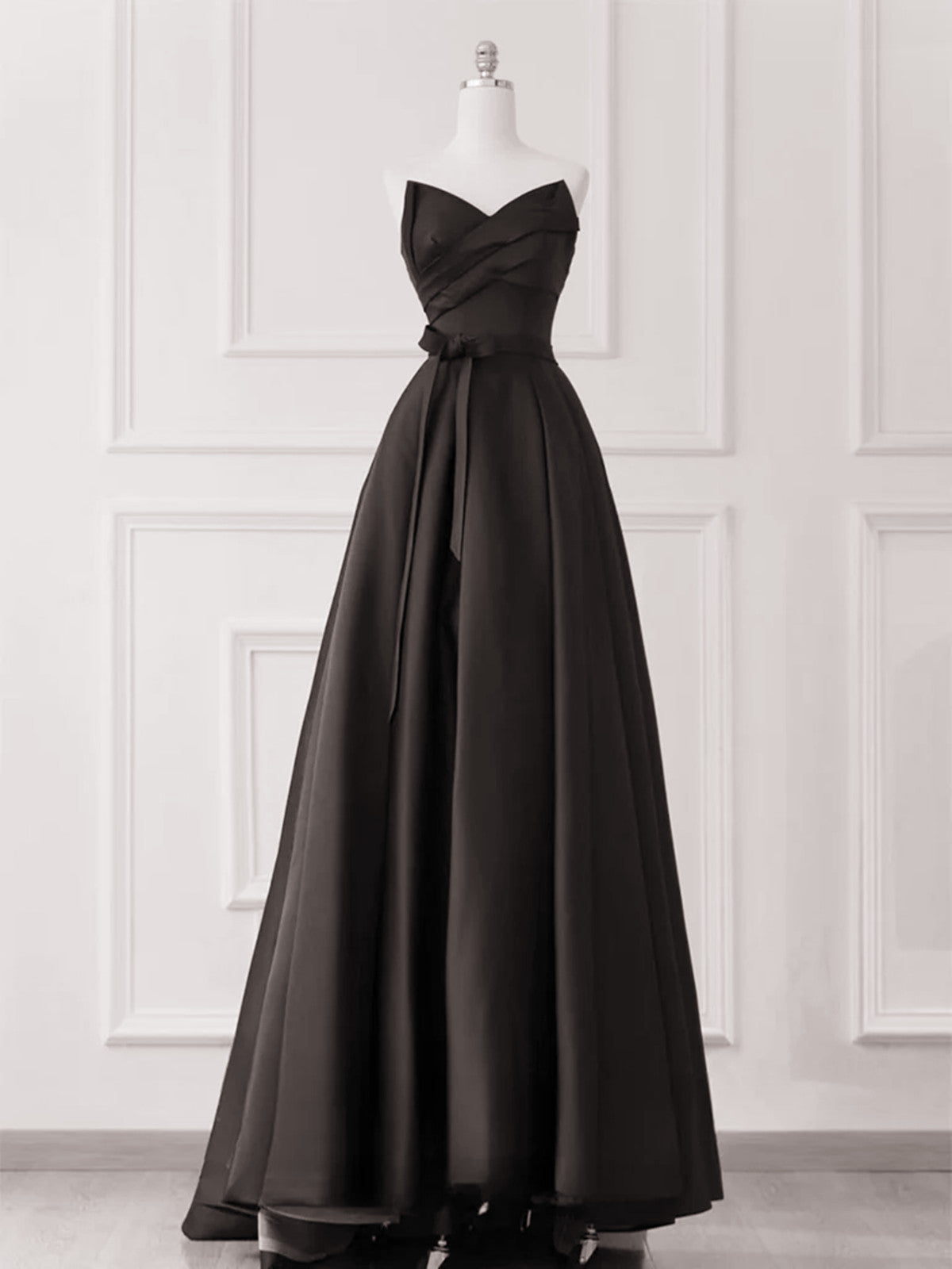 A-line Black Satin V-neckline Strapless Prom Dress, Black Long Party Dress