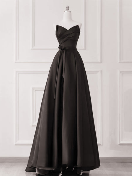 A-line Black Satin V-neckline Strapless Prom Dress, Black Long Party Dress