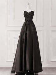 A-line Black Satin V-neckline Strapless Prom Dress, Black Long Party Dress