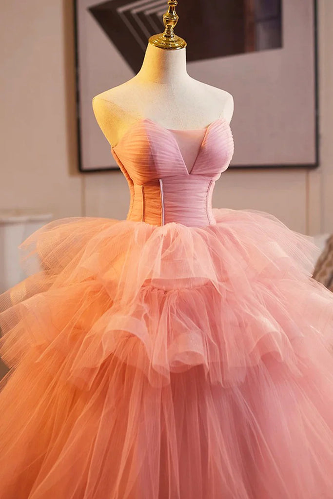 Pink Sweetheart Tulle Beaded Long Party Dress, Pink Tulle Prom Dress Evening Dress