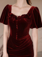 Wine Red Mermaid Velvet Short Sleeves Party Dress, Wine Red Bridesmaid Dress