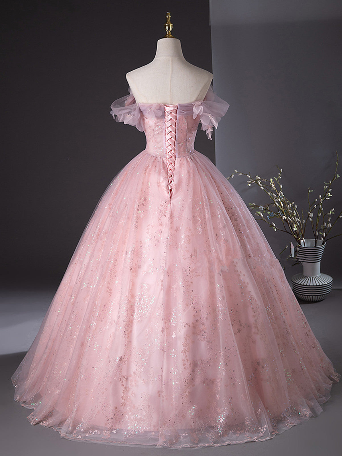 Pink Tulle Floral Flowers Sweeetheart Long Formal Dress, Pink Sweet 16 Dress