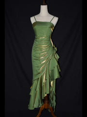 Green Straps High Low Satin Chic Party Dress, Green Prom Dress Evening Dress