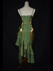 Green Straps High Low Satin Chic Party Dress, Green Prom Dress Evening Dress