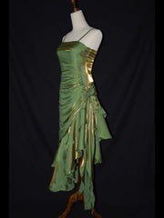 Green Straps High Low Satin Chic Party Dress, Green Prom Dress Evening Dress