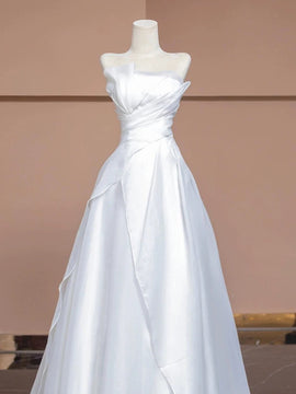 White A-line Strapless Long Wedding Party Dress, White Simple Formal Dress