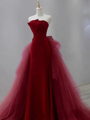 Wine Red Satin and Tulle Long Party Dress, Strapless Wine Red Formal Dress