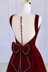 Wine Red Velvet Tea Length Wedding Party Dress, Wine Red Velvet Prom Dress